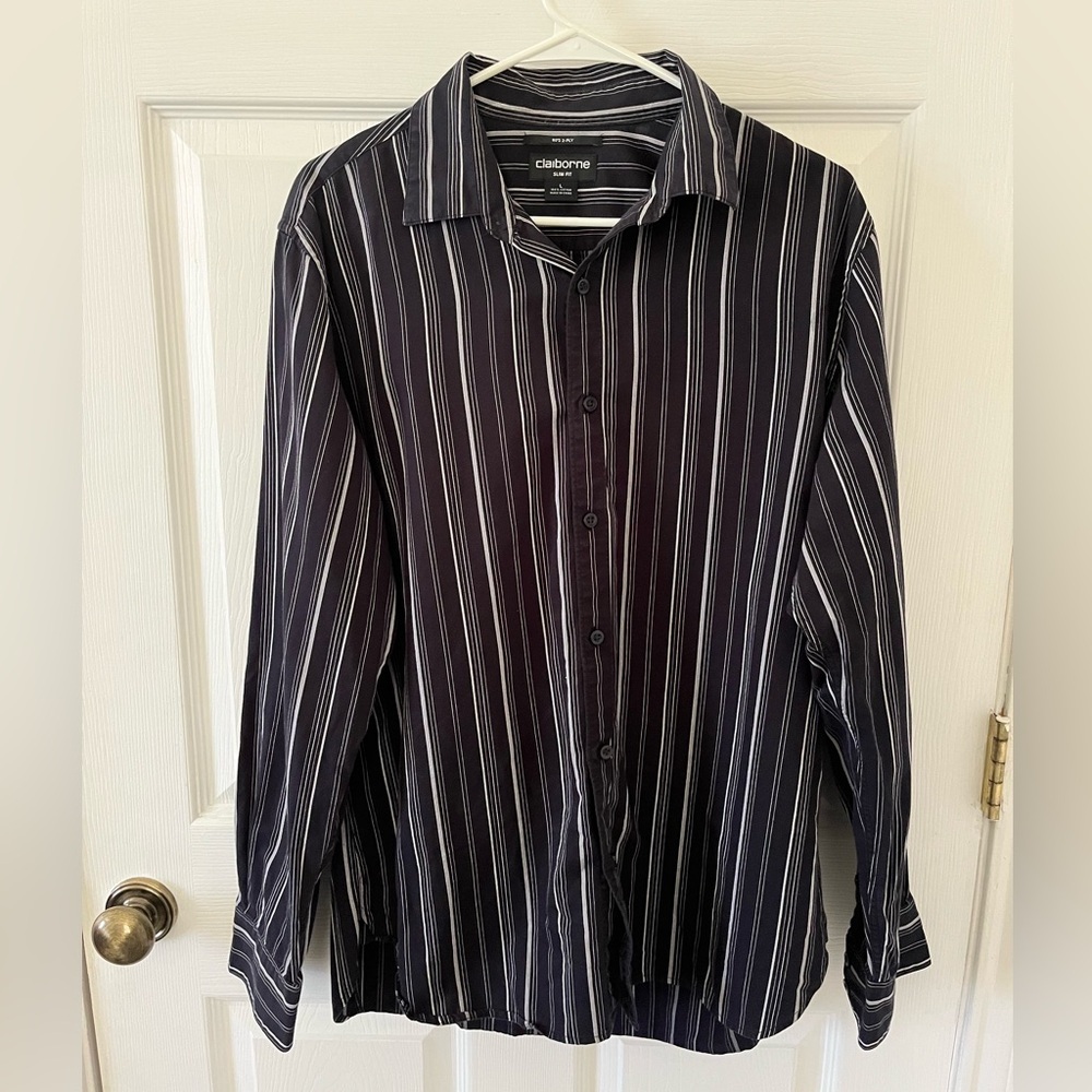 Claiborne Men's Black and White Striped Shirt